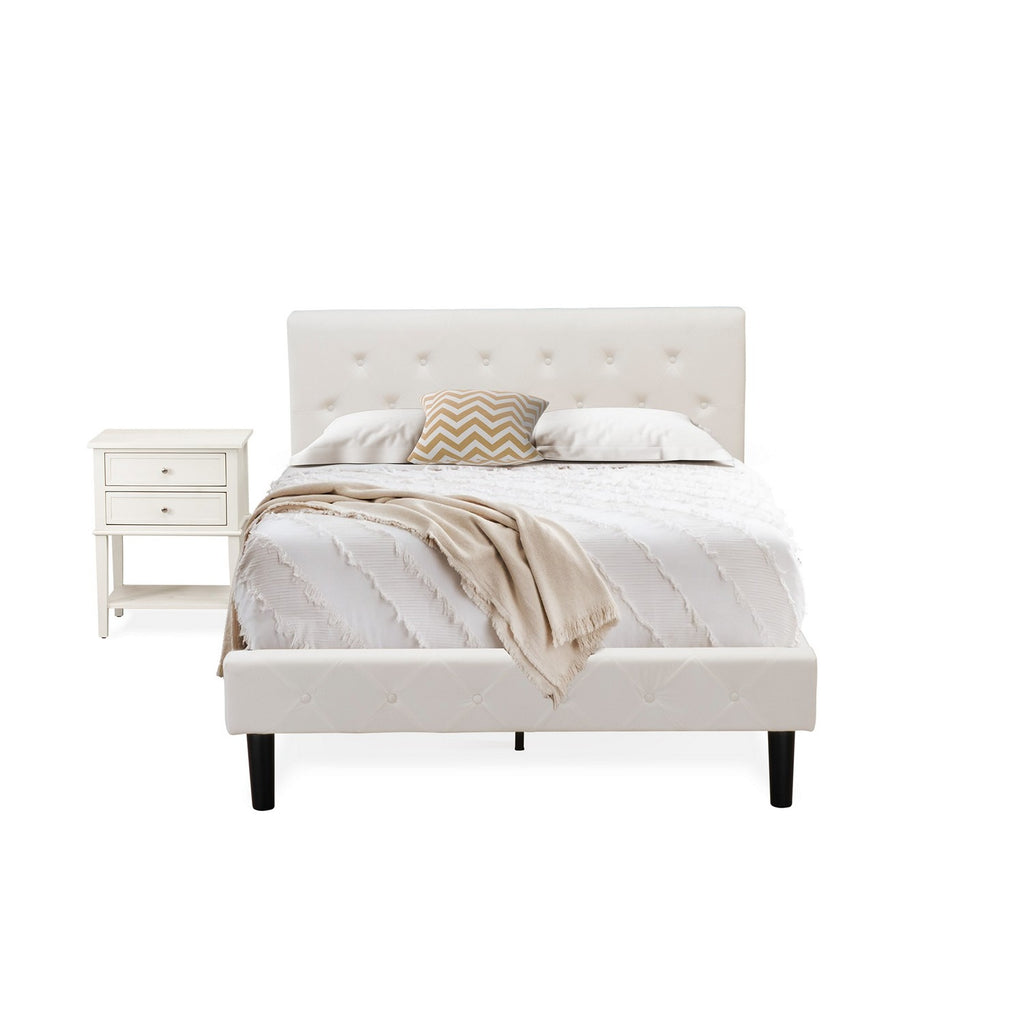 NL19F-1VL0C 2 Piece Bedroom Set - Full Size Button Tufted Bed - White Velvet Fabric Upholstered Headboard and a Wire Brushed Butter Cream Finish Nightstand