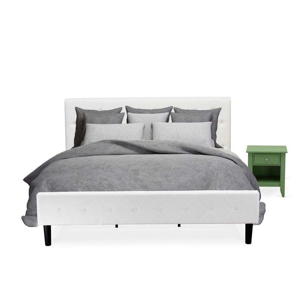 NL19K-1GA12 2 Piece Bedroom Set - Button Tufted Modern Bed Frame - White Velvet Fabric Upholstered Headboard and a Clover Green Finish Nightstand