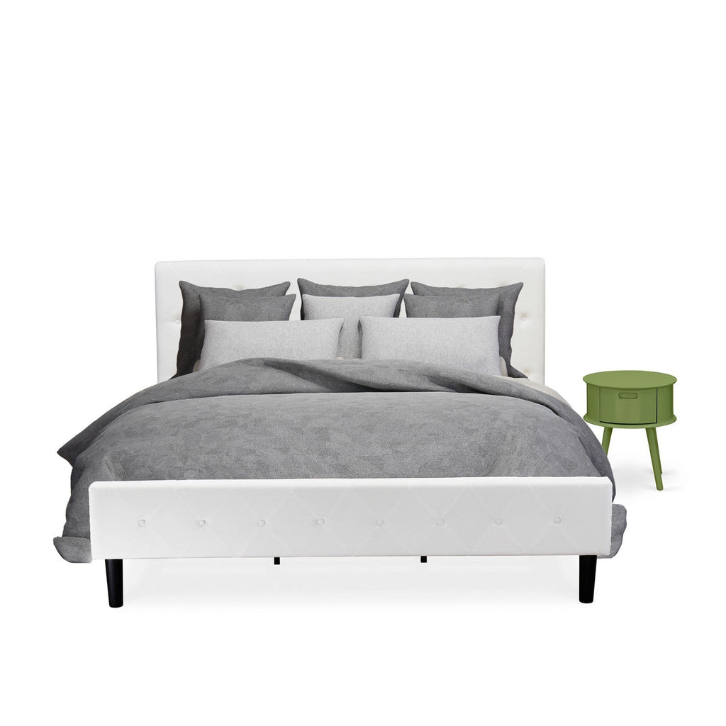 East West Furniture NL19K-1GO12 2 Piece King Bedroom Set - Button Tufted Platform Bed Frame - White Velvet Fabric Upholstered Headboard and a Clover Green Finish Nightstand