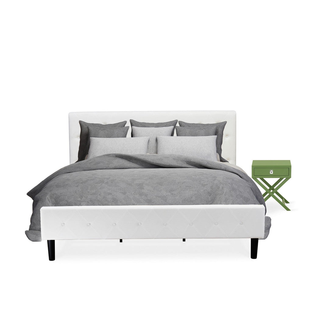 East West Furniture NL19K-1HA12 2 Piece Bedroom Set - King Size Button Tufted Bed - White Velvet Fabric Upholstered Headboard and a Clover Green Finish Nightstand