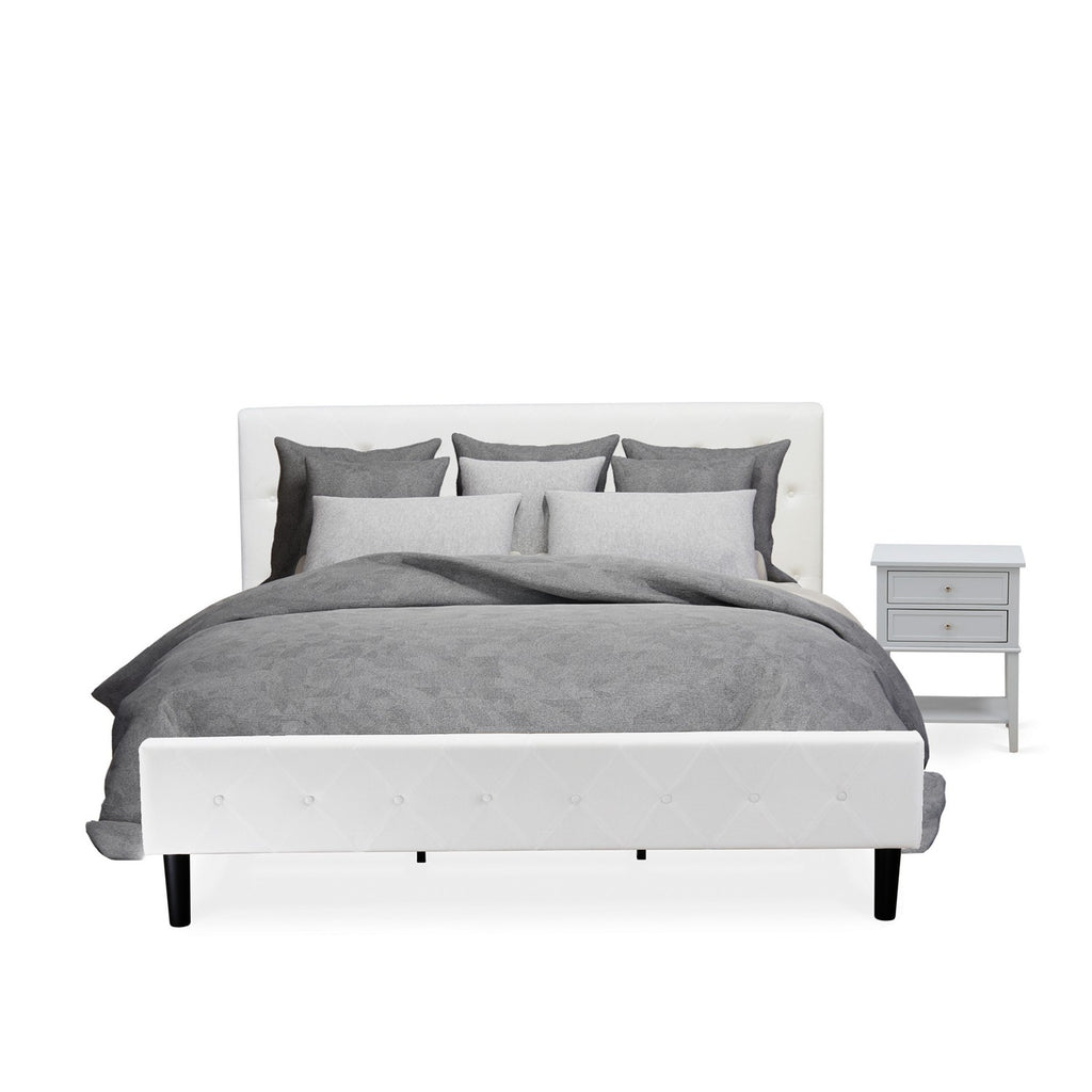 NL19K-1VL14 2 Piece Bedroom Set - Button Tufted King Size Bed - White Velvet Fabric Upholstered Headboard and an Urban Gray Finish Nightstand