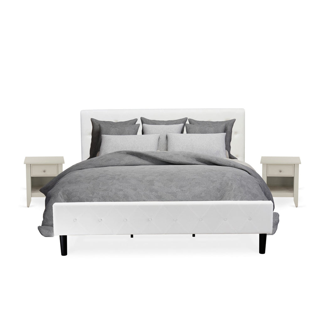 NL19K-2GA0C 3 Piece Modern Bedroom Set - King size Button Tufted Bed - White Velvet Fabric Upholstered Headboard and a Wire Brushed Butter Cream Finish Nightstand