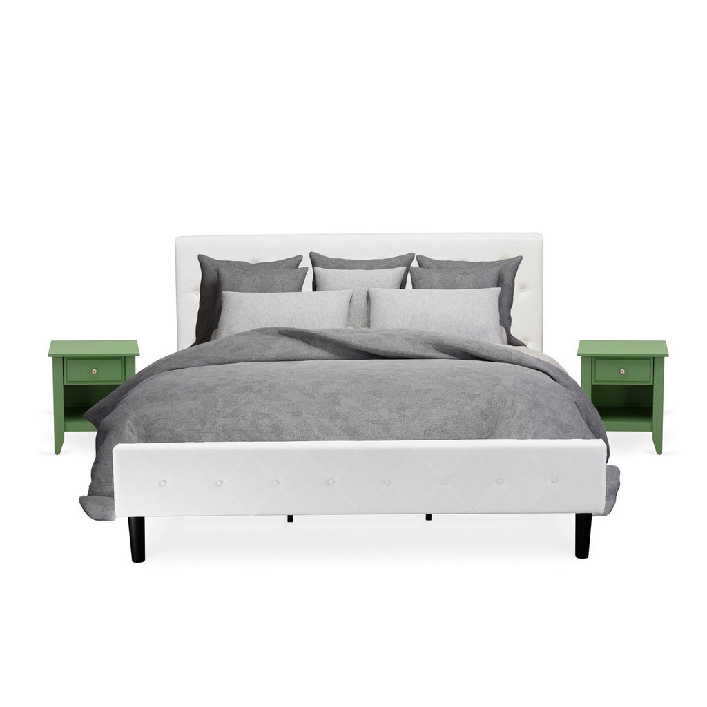 NL19K-2GA12 3 Piece Bed Set - King Size Button Tufted Platform Bed - White Velvet Fabric Upholstered Headboard and a Clover Green Finish Nightstand