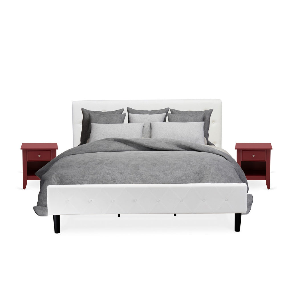 NL19K-2GA13 3 Piece Bed Set - Button Tufted Bed Frame - White Velvet Fabric Upholstered Headboard and a Burgundy Finish Nightstand