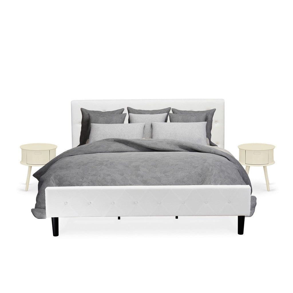 East West Furniture NL19K-2GO05 3 Piece Bed Set - King Button Tufted Bed Frame - White Velvet Fabric Upholstered Headboard and a White Finish Nightstand
