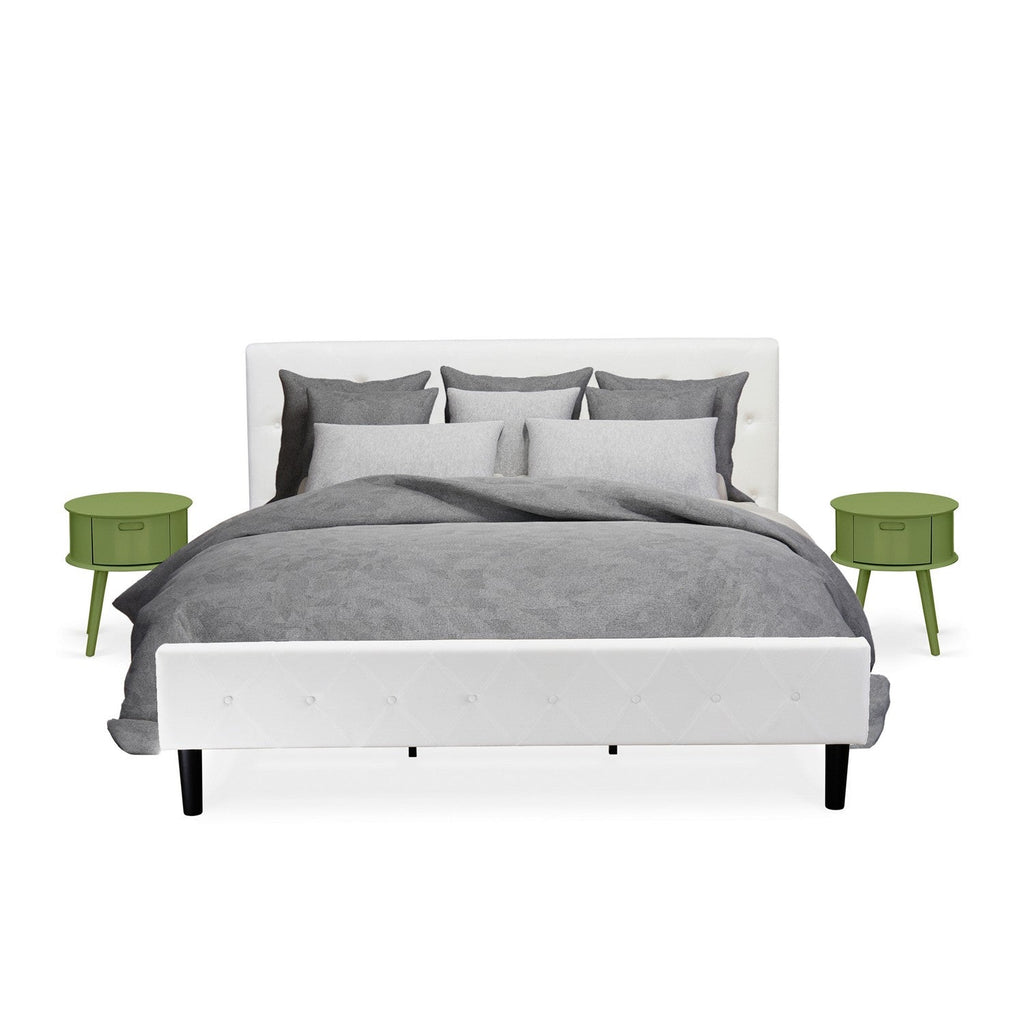 East West Furniture NL19K-2GO12 3 Piece King Size Bedroom Set - Button Tufted Bed Frame - White Velvet Fabric Upholstered Headboard and a Clover Green Finish Nightstand