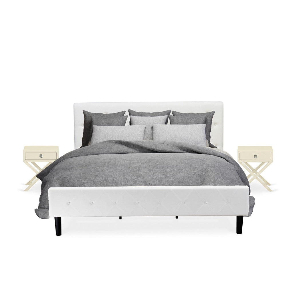 East West Furniture NL19K-2HA05 3 Piece Bedroom Set - King Size Button Tufted Bed - White Velvet Fabric Upholstered Headboard and a Linen White Finish Nightstand