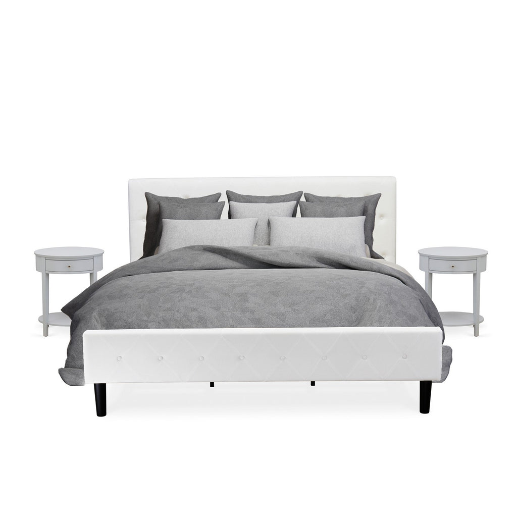 East West Furniture NL19K-2HI14 3 Piece Bedroom Set - Button Tufted King Size Bed - White Velvet Fabric Upholstered Headboard and an Urban Gray Finish Nightstand