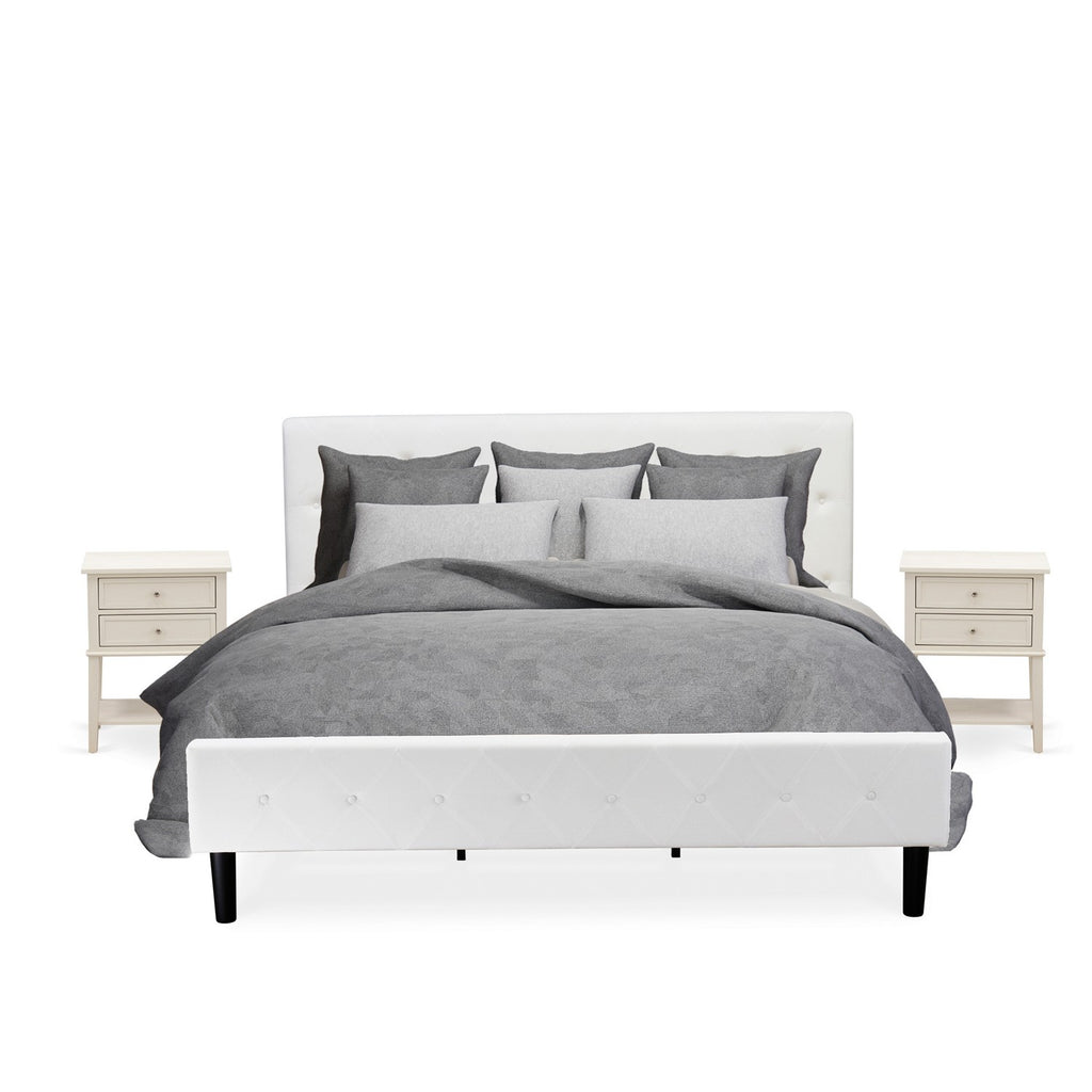 NL19K-2VL0C 3 Piece King Size Bed Set - Button Tufted Bed Frame - White Velvet Fabric Upholstered Headboard and a Wire Brushed Butter Cream Finish Nightstand