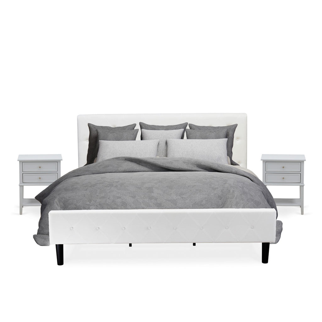 NL19K-2VL14 3 Piece King Size Bedroom Set - Button Tufted Wood Bed - White Velvet Fabric Upholstered Headboard and an Urban Gray Finish Nightstand