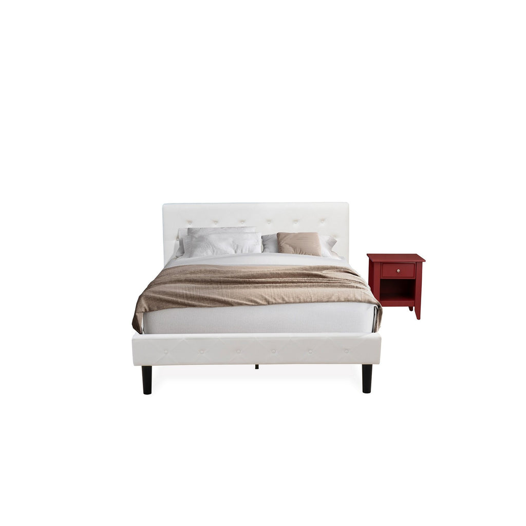 NL19Q-1GA13 2 Piece Queen Bedroom Set - Button Tufted Wooden Bed Frame - White Velvet Fabric Upholstered Headboard and a Burgundy Finish Nightstand