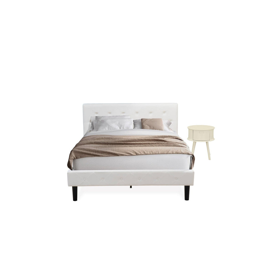 East West Furniture NL19Q-1GO05 2 Piece Queen Size Bed Set - Button Tufted Bed frame - White Velvet Fabric Upholstered Headboard and a White Finish Nightstand