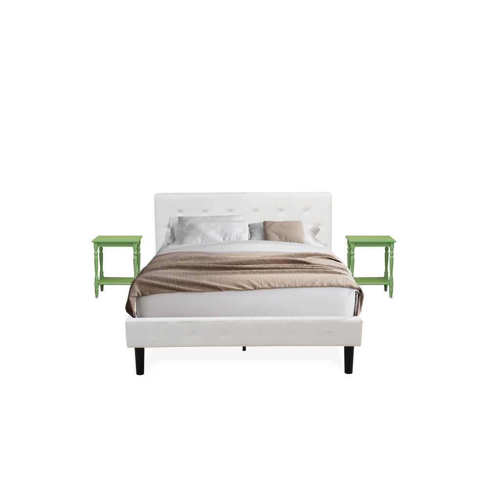 East West Furniture NL19Q-2BF12 3 Piece Bedroom Set - Button Tufted Wood Bed Frame - White Velvet Fabric Upholstered Headboard and a Clover Green Finish Nightstand