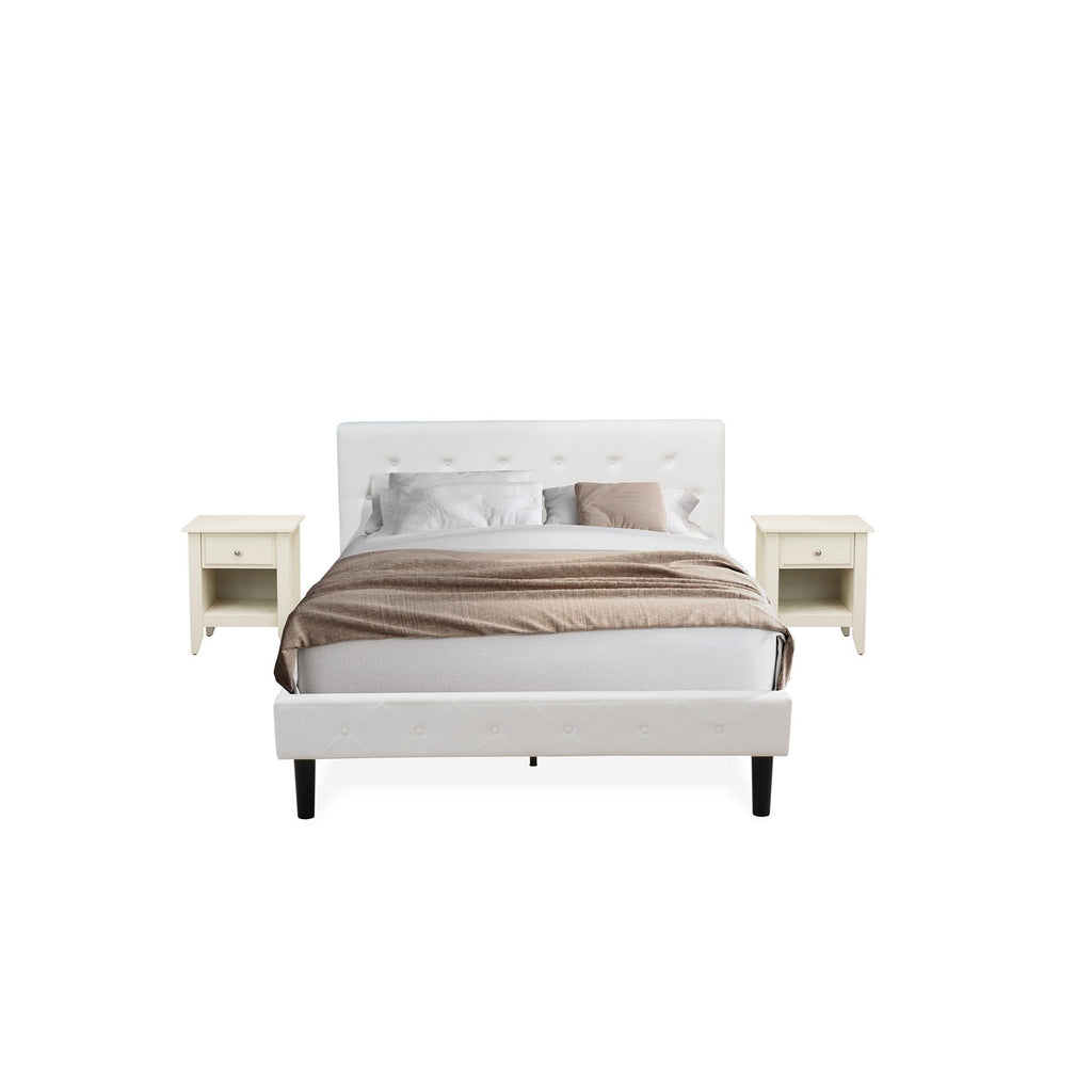 NL19Q-2GA0C 3 Piece Queen Bed Set - Button Tufted Bed frame - White Velvet Fabric Upholstered Headboard and a Wire Brushed Butter Cream Finish Nightstand