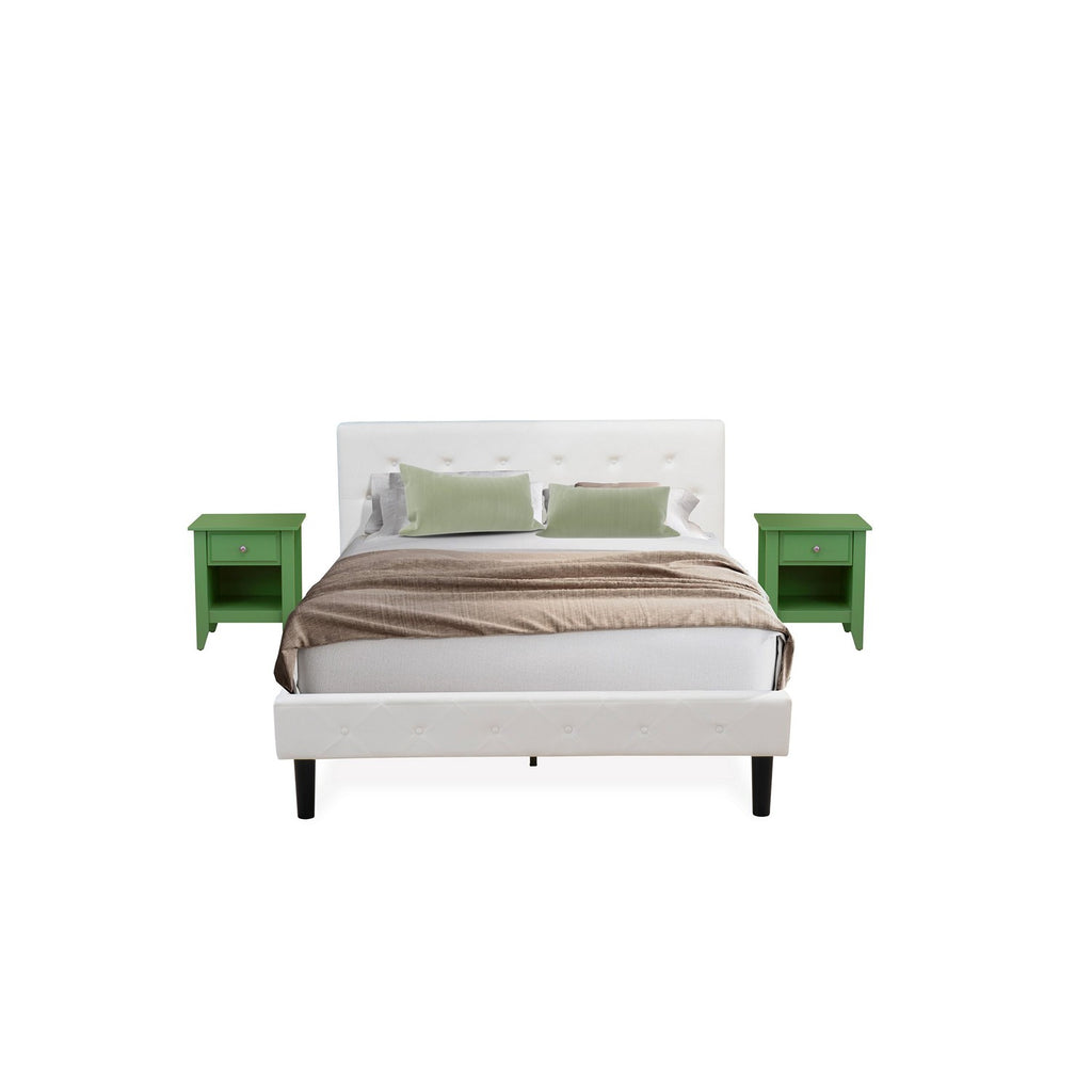 NL19Q-2GA12 3 Piece Queen Size Bedroom Set - Button Tufted Bed Frame - White Velvet Fabric Upholstered Headboard and a Clover Green Finish Nightstand