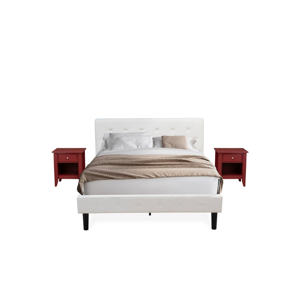 NL19Q-2GA13 3 Piece Queen Bedroom Set - Button Tufted Bed Frame - White Velvet Fabric Upholstered Headboard and a Burgundy Finish Nightstand