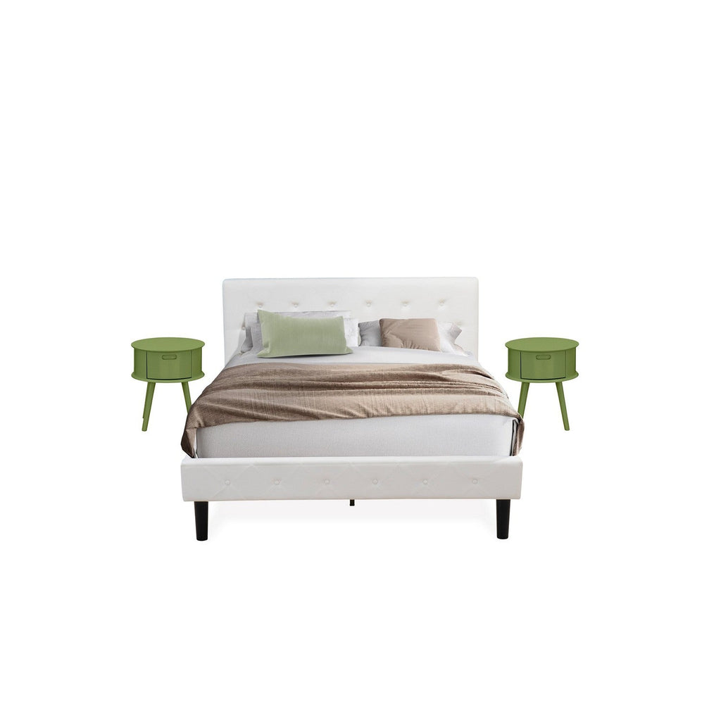 East West Furniture NL19Q-2GO12 3 Piece Bed Set - Button Tufted Wood Bed Frame - White Velvet Fabric Upholstered Headboard and a Clover Green Finish Nightstand