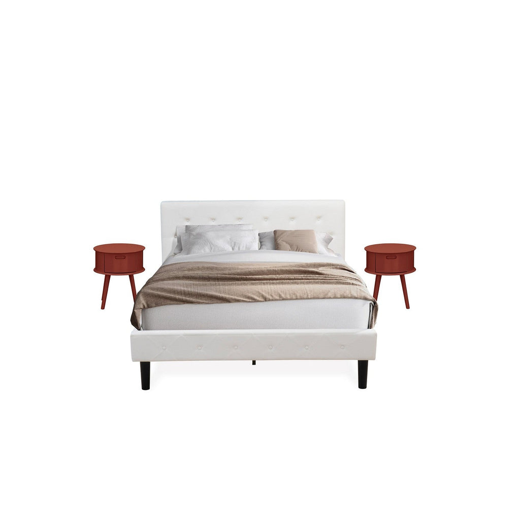 East West Furniture NL19Q-2GO13 3 Piece Queen Bed Set - Button Tufted Bed frame - White Velvet Fabric Upholstered Headboard and a Burgundy Finish Nightstand