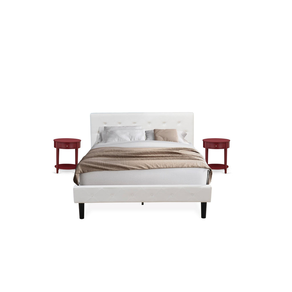 East West Furniture NL19Q-2HI13 3 Piece Bed Set - Button Tufted Bed frame - White Velvet Fabric Upholstered Headboard and a Burgundy Finish Nightstand