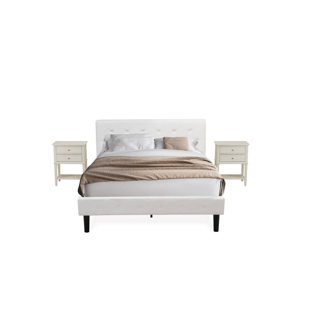NL19Q-2VL0C 3 Piece Queen Size Bedroom Set - Button Tufted Bed - White Velvet Fabric Upholstered Headboard and a Wire Brushed Butter Cream Finish Nightstand