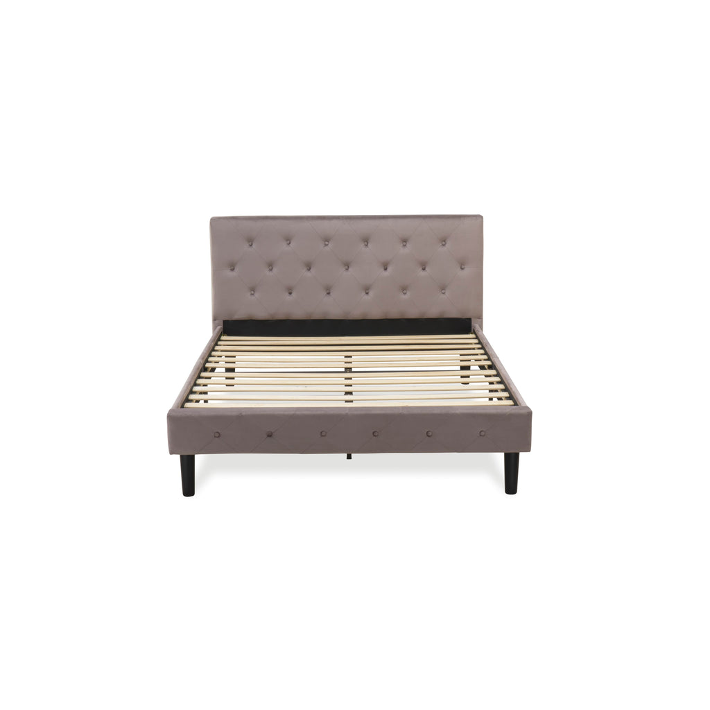 East West Furniture NL14F-1HA13 2 Piece Full Bed Set - Button Tufted Platform Bed Frame - Brown Taupe Velvet Fabric Upholstered Headboard and a Burgundy Finish Nightstand