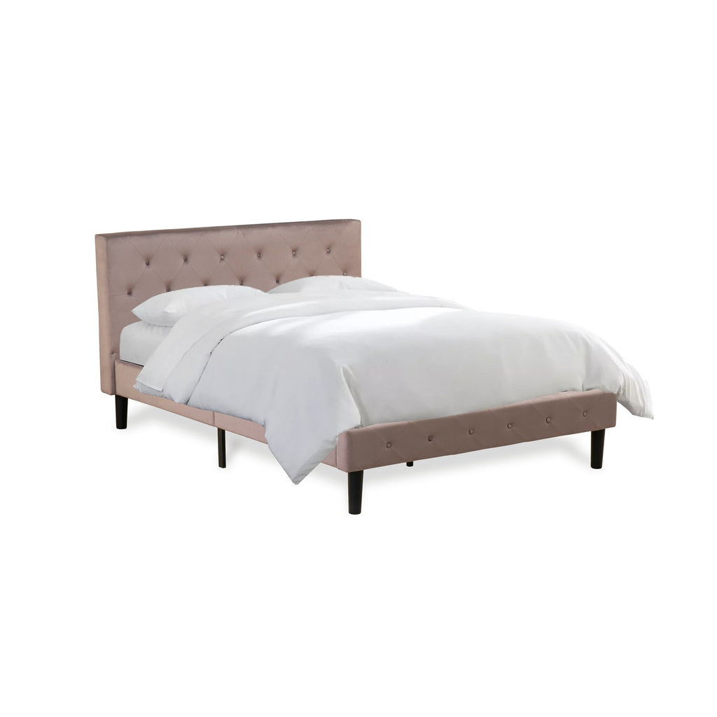 NL14F-1GA07 2 Piece Bedroom Set - Full Size Button Tufted Bed Frame - Brown Taupe Velvet Fabric Upholstered Headboard and a Distressed Jacobean Finish Nightstand