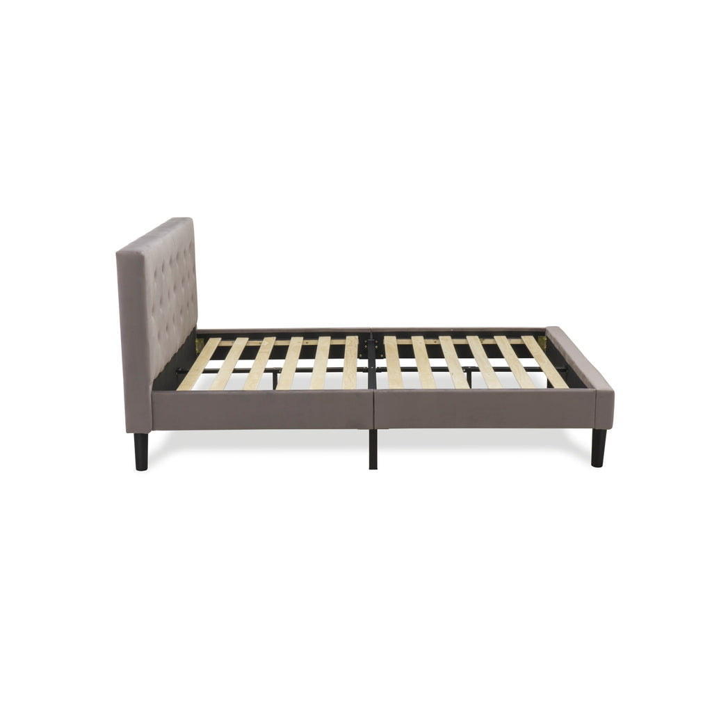 East West Furniture NLF-14-F Nolan Platform Bed - Button Tufted Brown Taupe Velvet Fabric Padded Headboard & Footboard, Black Legs, Full Size
