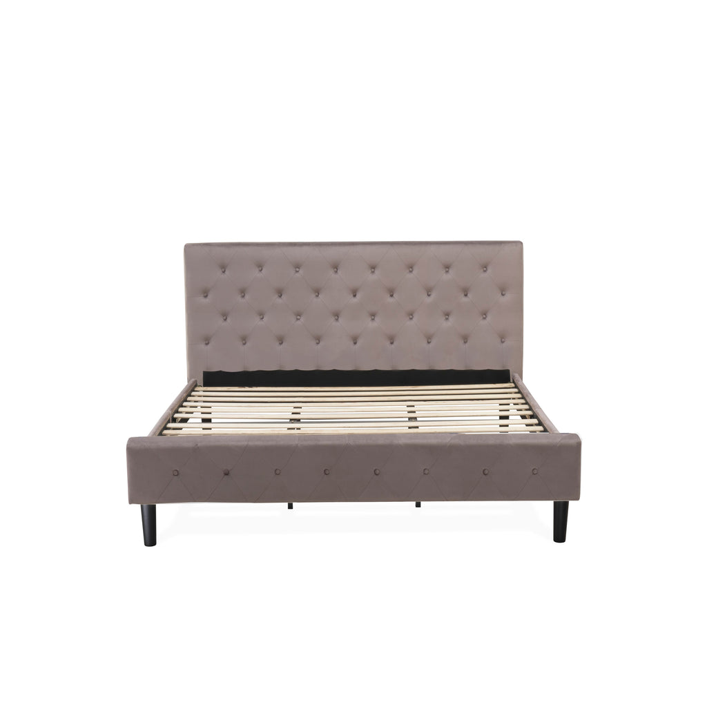 NL14K-2VL07 3 Piece King Size Bed Set - Button Tufted Platform Bed - Brown Taupe Velvet Fabric Upholstered Headboard and a Distressed Jacobean Finish Nightstand