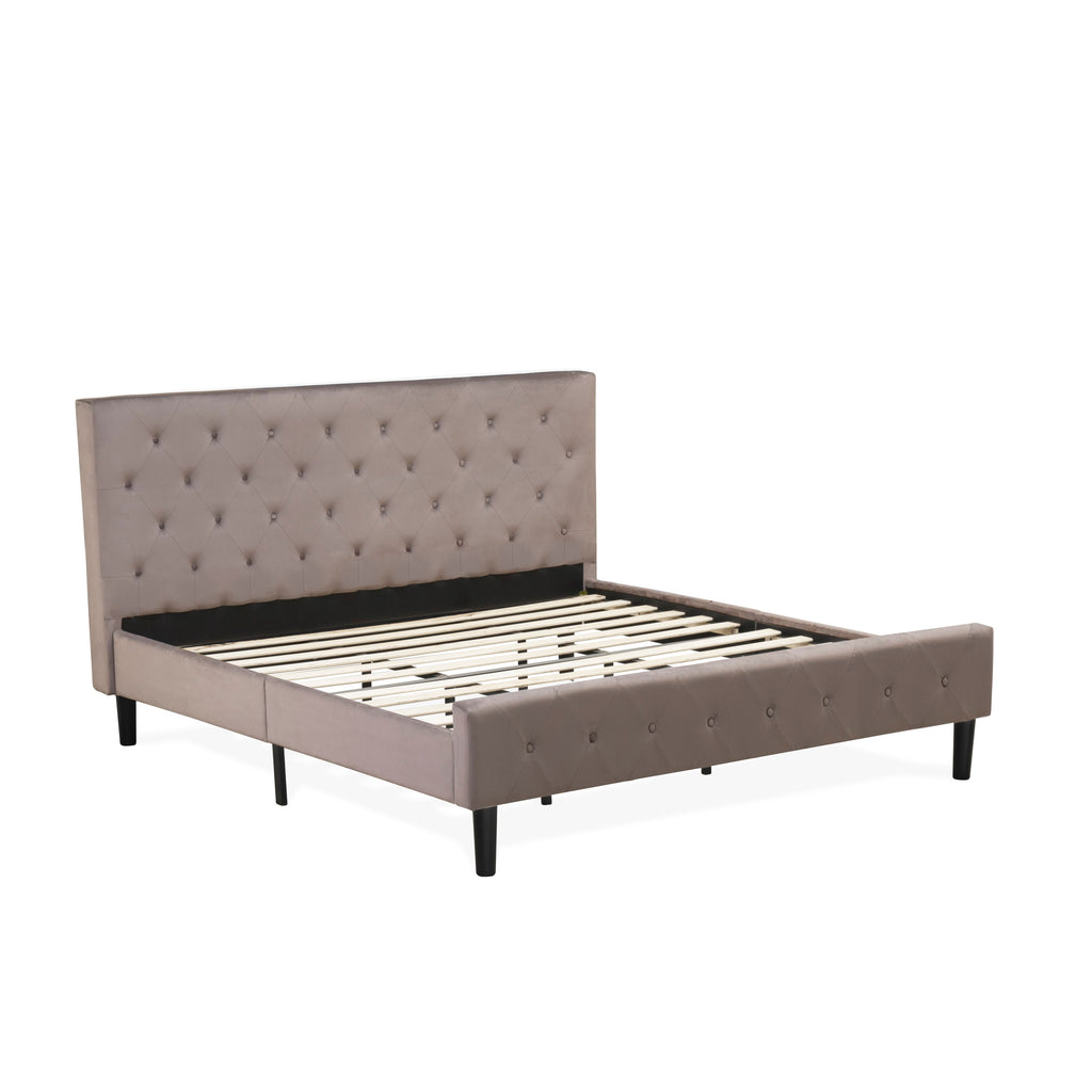 East West Furniture NL14K-2HA13 3 Piece Modern Bedroom Set - King Size Button Tufted Bed Frame - Brown Taupe Velvet Fabric Upholstered Headboard and a Burgundy Finish Nightstand