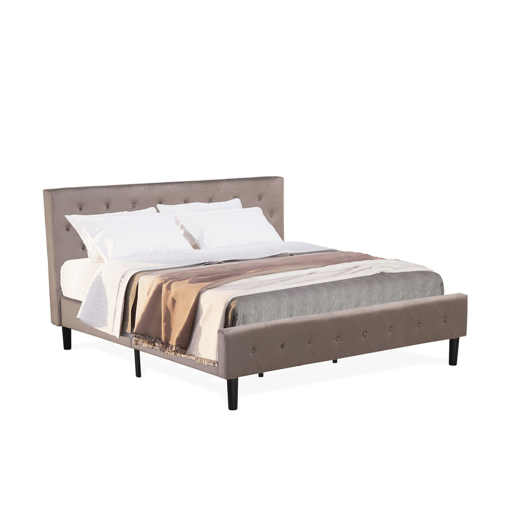East West Furniture NL14K-2DE07 3 Piece King Size Bed Set - Button Tufted Bed Frame - Brown Taupe Velvet Fabric Upholstered Headboard and a Distressed Jacobean Finish Nightstand