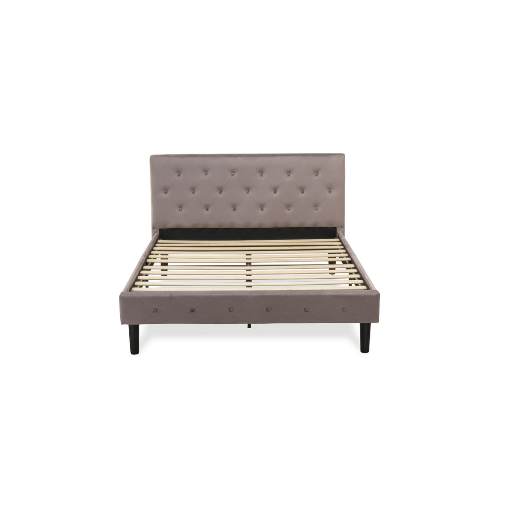 East West Furniture NL14Q-2DE07 3 Pc Bedroom Set - Button Tufted Platform Bed - Brown Taupe Velvet Fabric Upholstered Headboard and a Distressed Jacobean Finish Nightstand