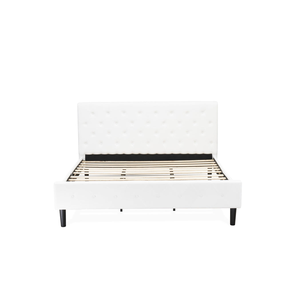 East West Furniture NL19K-2DE05 3 Piece King Bed Set - Button Tufted Bed Frame - White Velvet Fabric and Upholstered Headboard and a White Finish Nightstand