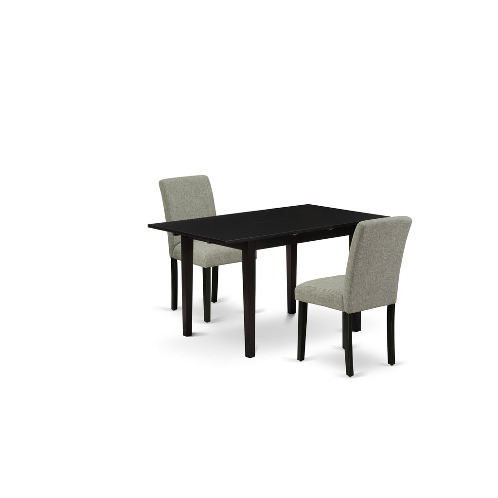 East West Furniture NOAB3-BLK-06 3 Piece Dining Room Furniture Set Contains a Rectangle Butterfly Leaf Kitchen Table and 2 Shitake Linen Fabric Upholstered Chairs, 32x54 Inch, Black