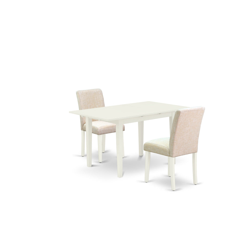 East West Furniture NOAB3-LWH-02 3 Piece Dining Table Set Contains a Rectangle Wooden Table with Butterfly Leaf and 2 Light Beige Linen Fabric Upholstered Chairs, 32x54 Inch, Linen White