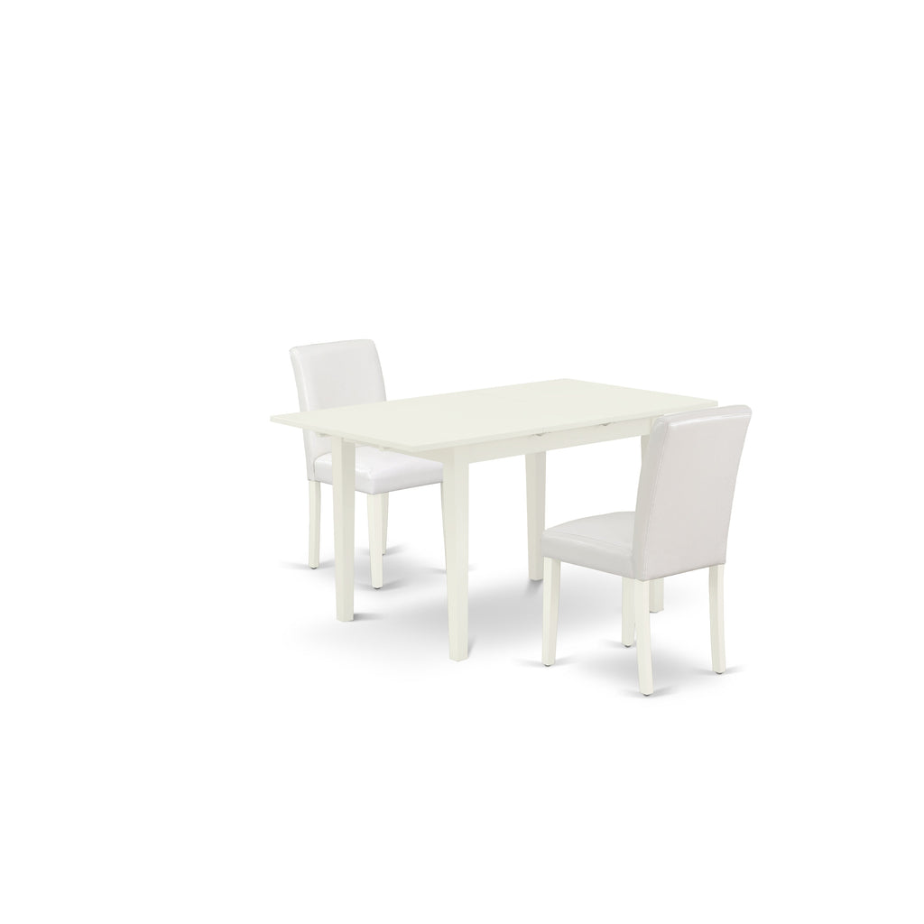 East West Furniture NOAB3-LWH-64 3 Piece Kitchen Table Set Contains a Rectangle Dining Room Table with Butterfly Leaf and 2 White Faux Leather Parson Dining Chairs, 32x54 Inch, Linen White
