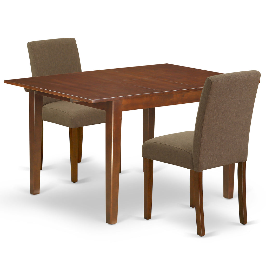 East West Furniture NOAB3-MAH-18 3 Piece Dining Room Table Set Contains a Rectangle Kitchen Table with Butterfly Leaf and 2 Coffee Linen Fabric Parson Dining Chairs, 32x54 Inch, Mahogany