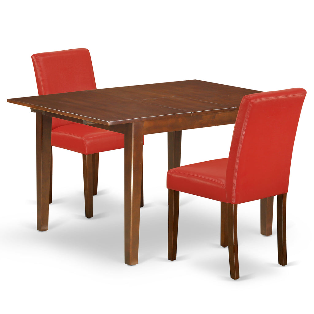 East West Furniture NOAB3-MAH-72 3 Piece Dining Room Set Contains a Rectangle Wooden Table with Butterfly Leaf and 2 Firebrick Red Faux Leather Parsons Dining Chairs, 32x54 Inch, Mahogany