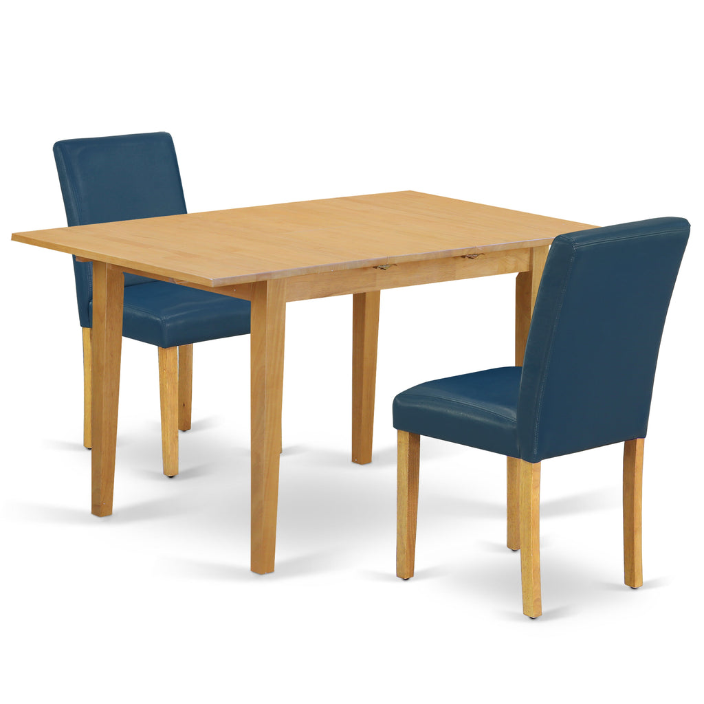 East West Furniture NOAB3-OAK-55 3 Piece Kitchen Table & Chairs Set Contains a Rectangle Dining Table with Butterfly Leaf and 2 Oasis Blue Faux Leather Parson Chairs, 32x54 Inch, Oak