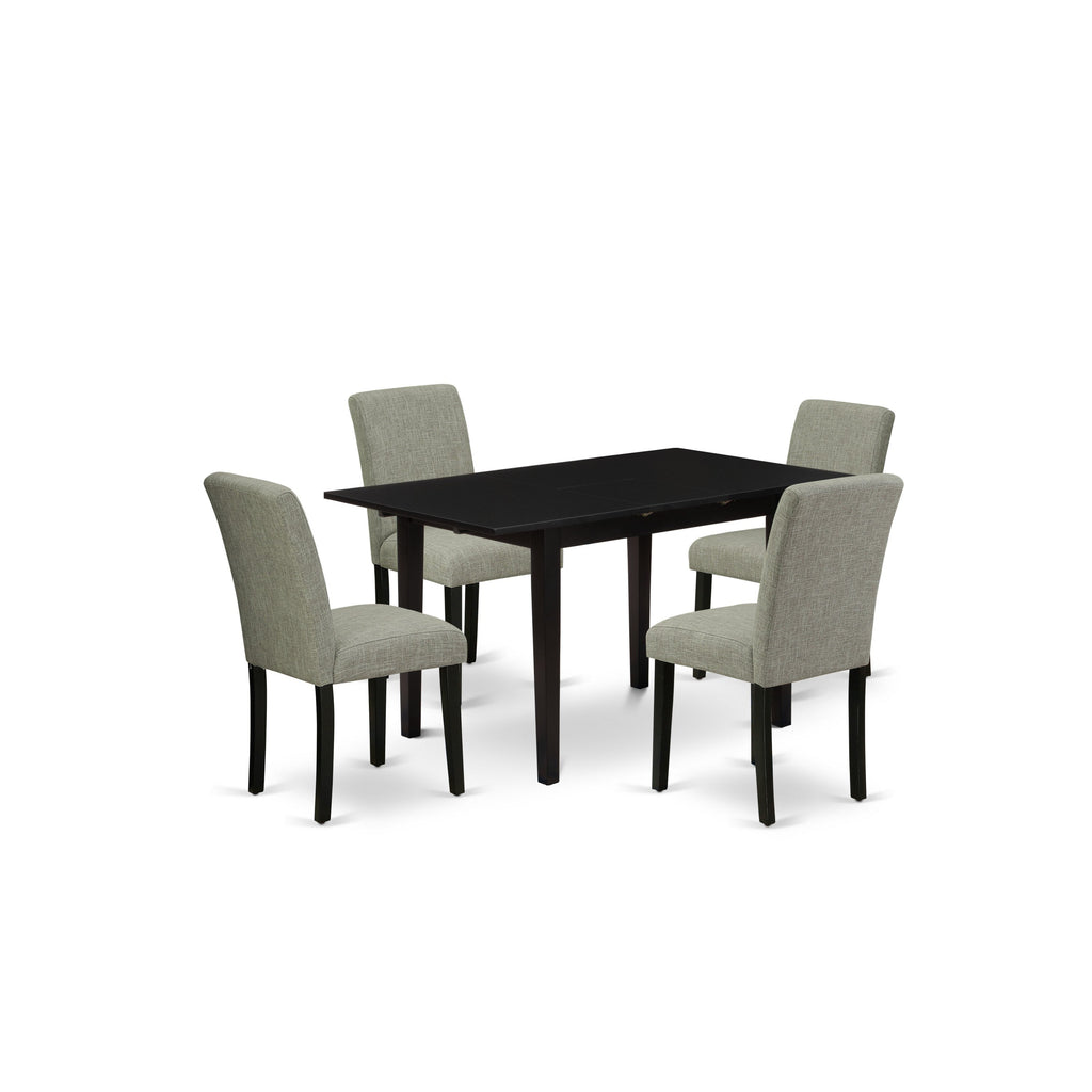 East West Furniture NOAB5-BLK-06 5 Piece Dining Set Includes a Rectangle Dining Room Table with Butterfly Leaf and 4 Shitake Linen Fabric Upholstered Parson Chairs, 32x54 Inch, Black