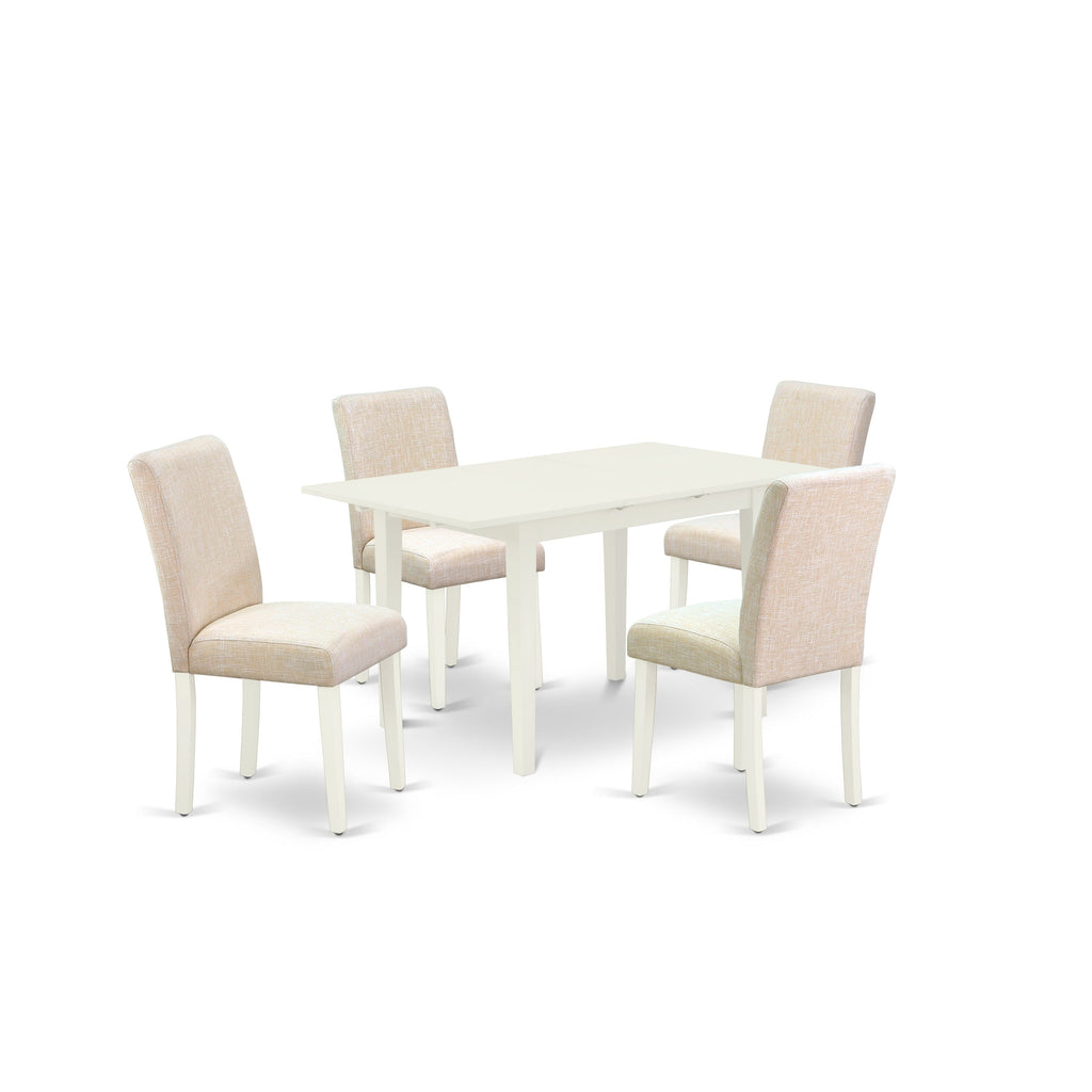 East West Furniture NOAB5-LWH-02 5 Piece Dining Room Table Set Includes a Rectangle Butterfly Leaf Kitchen Table and 4 Light Beige Linen Fabric Upholstered Chairs, 32x54 Inch, Linen White