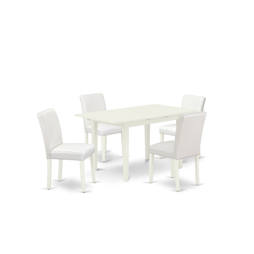 East West Furniture NOAB5-LWH-64 5 Piece Modern Dining Table Set Includes a Rectangle Wooden Table with Butterfly Leaf and 4 White Faux Leather Upholstered Chairs, 32x54 Inch, Linen White