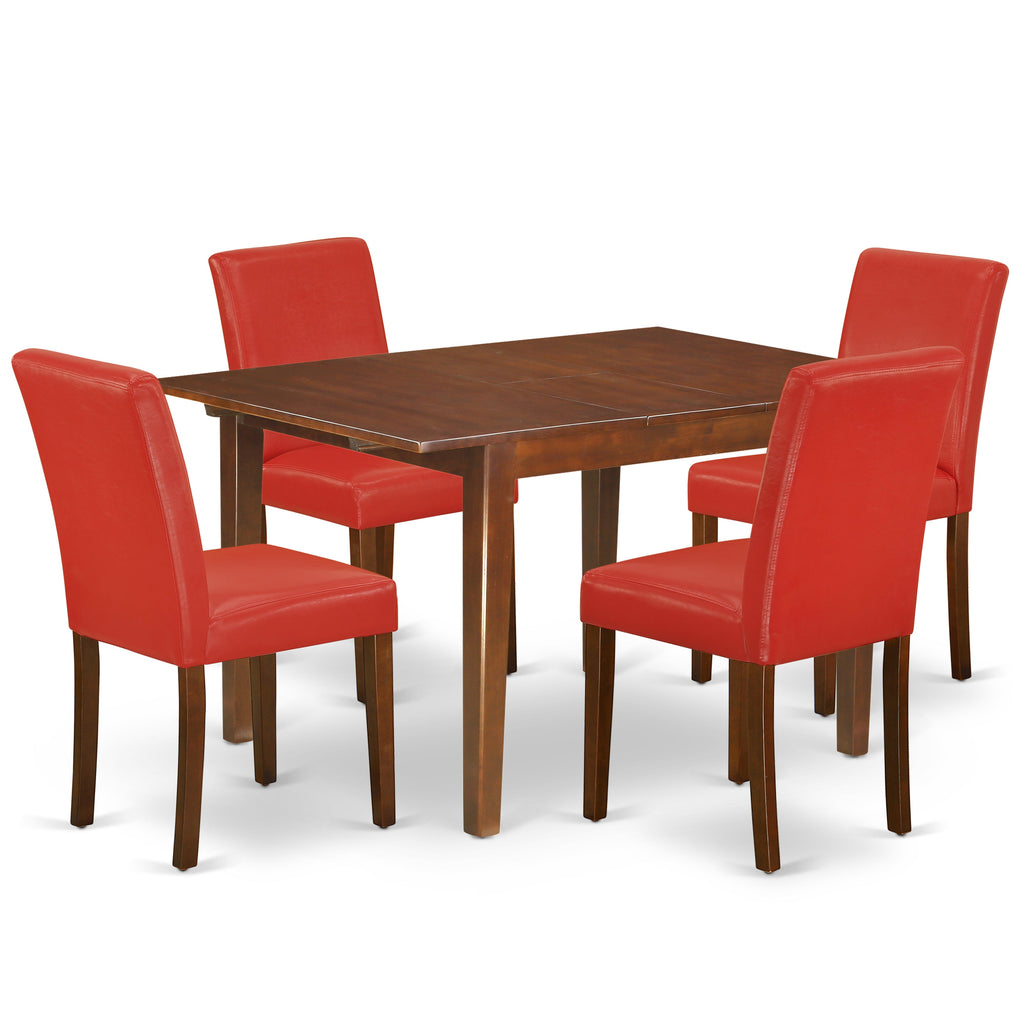 East West Furniture NOAB5-MAH-72 5 Piece Dining Room Table Set Includes a Rectangle Kitchen Table with Butterfly Leaf and 4 Firebrick Red Faux Leather Parson Chairs, 32x54 Inch, Mahogany