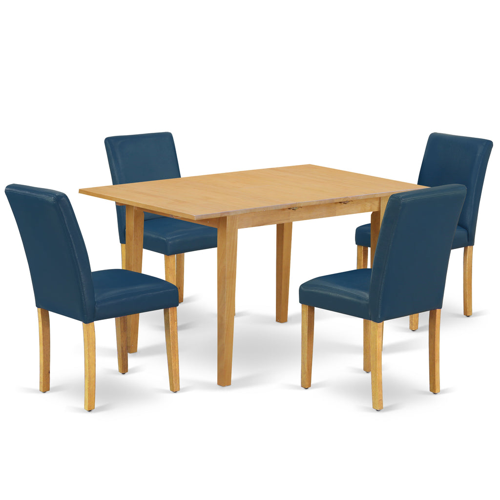 East West Furniture NOAB5-OAK-55 5 Piece Modern Dining Table Set Includes a Rectangle Wooden Table with Butterfly Leaf and 4 Oasis Blue Faux Leather Parson Chairs, 32x54 Inch, Oak