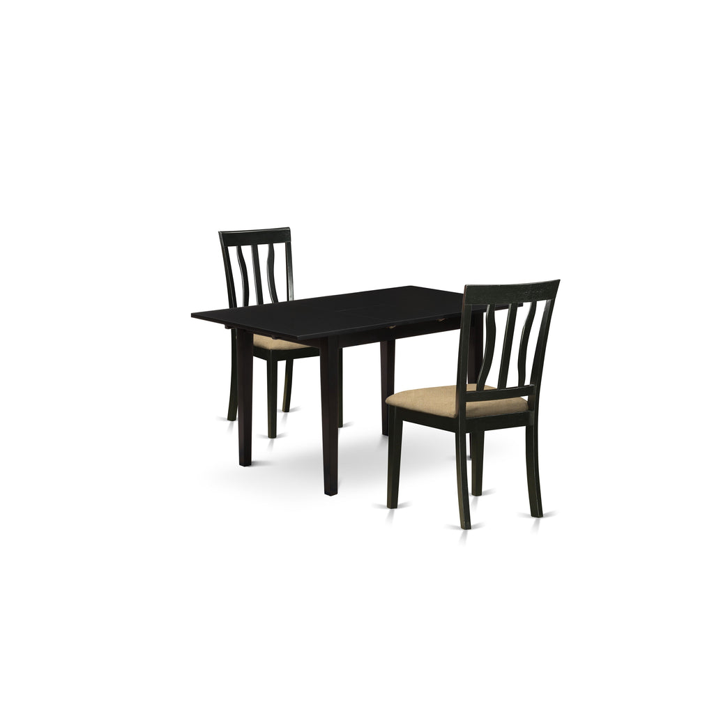 East West Furniture NOAN3-BLK-C 3 Piece Dining Table Set Contains a Rectangle Dining Room Table with Butterfly Leaf and 2 Linen Fabric Upholstered Chairs, 32x54 Inch, Black