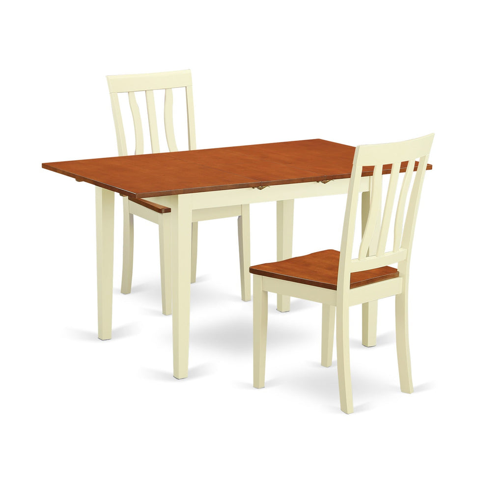 East West Furniture NOAN3-WHI-W 3 Piece Dining Room Table Set Contains a Rectangle Kitchen Table with Butterfly Leaf and 2 Dining Chairs, 32x54 Inch, Buttermilk & Cherry