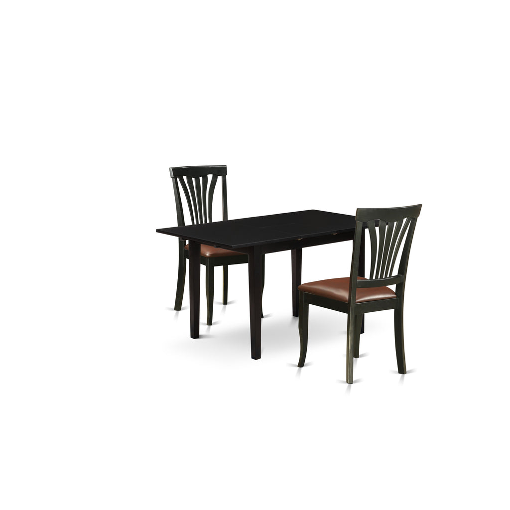 East West Furniture NOAV3-BLK-LC 3 Piece Dinette Set for Small Spaces Contains a Rectangle Dining Table with Butterfly Leaf and 2 Faux Leather Upholstered Chairs, 32x54 Inch, Black