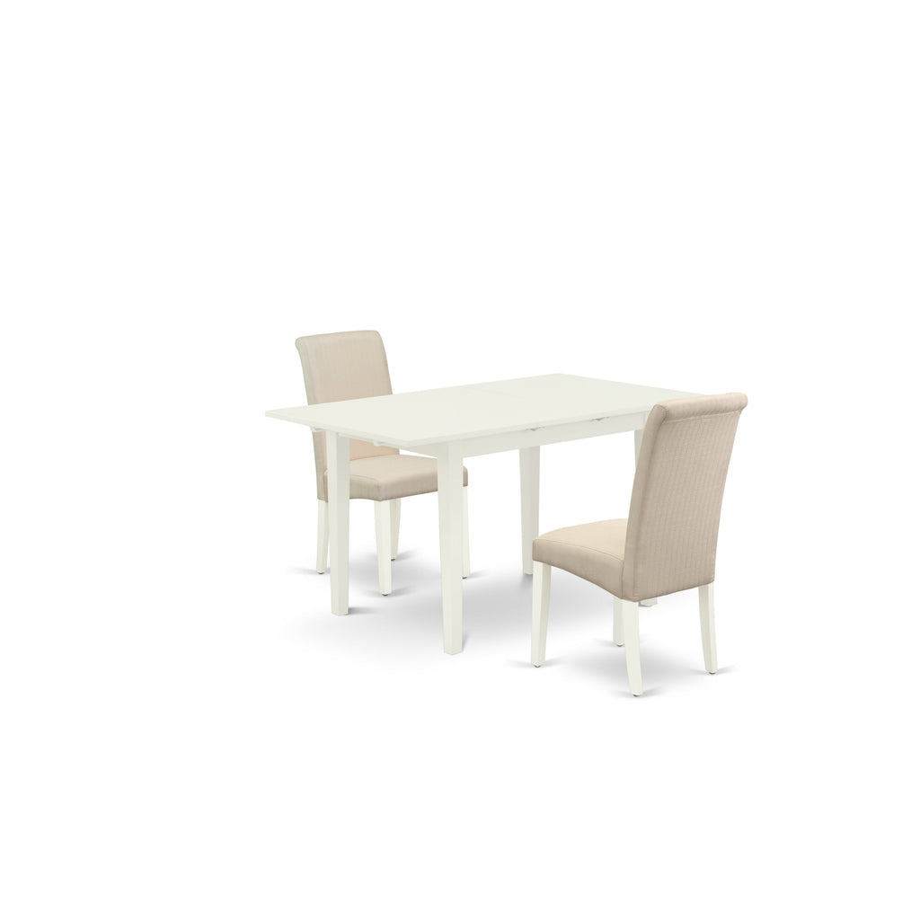 East West Furniture NOBA3-LWH-01 3 Piece Dining Table Set Contains a Rectangle Dining Room Table with Butterfly Leaf and 2 Cream Linen Fabric Parsons Chairs, 32x54 Inch, Linen White