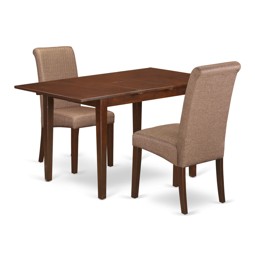 East West Furniture NOBA3-MAH-18 3 Piece Dining Table Set Contains a Rectangle Dinner Table with Butterfly Leaf and 2 Brown Linen Linen Fabric Upholstered Chairs, 32x54 Inch, Mahogany