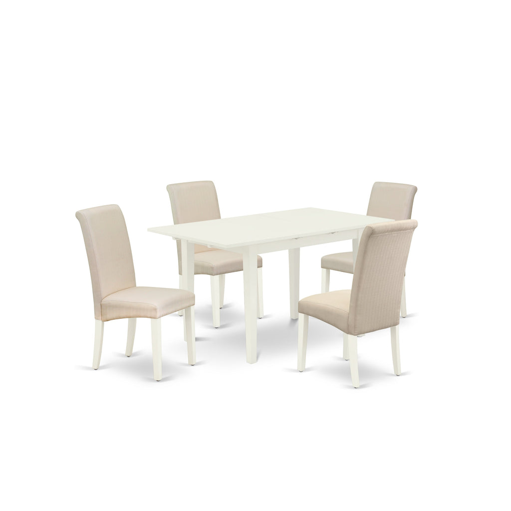 East West Furniture NOBA5-LWH-01 5 Piece Dining Table Set Includes a Rectangle Kitchen Table with Butterfly Leaf and 4 Cream Linen Fabric Parson Dining Chairs, 32x54 Inch, Linen White