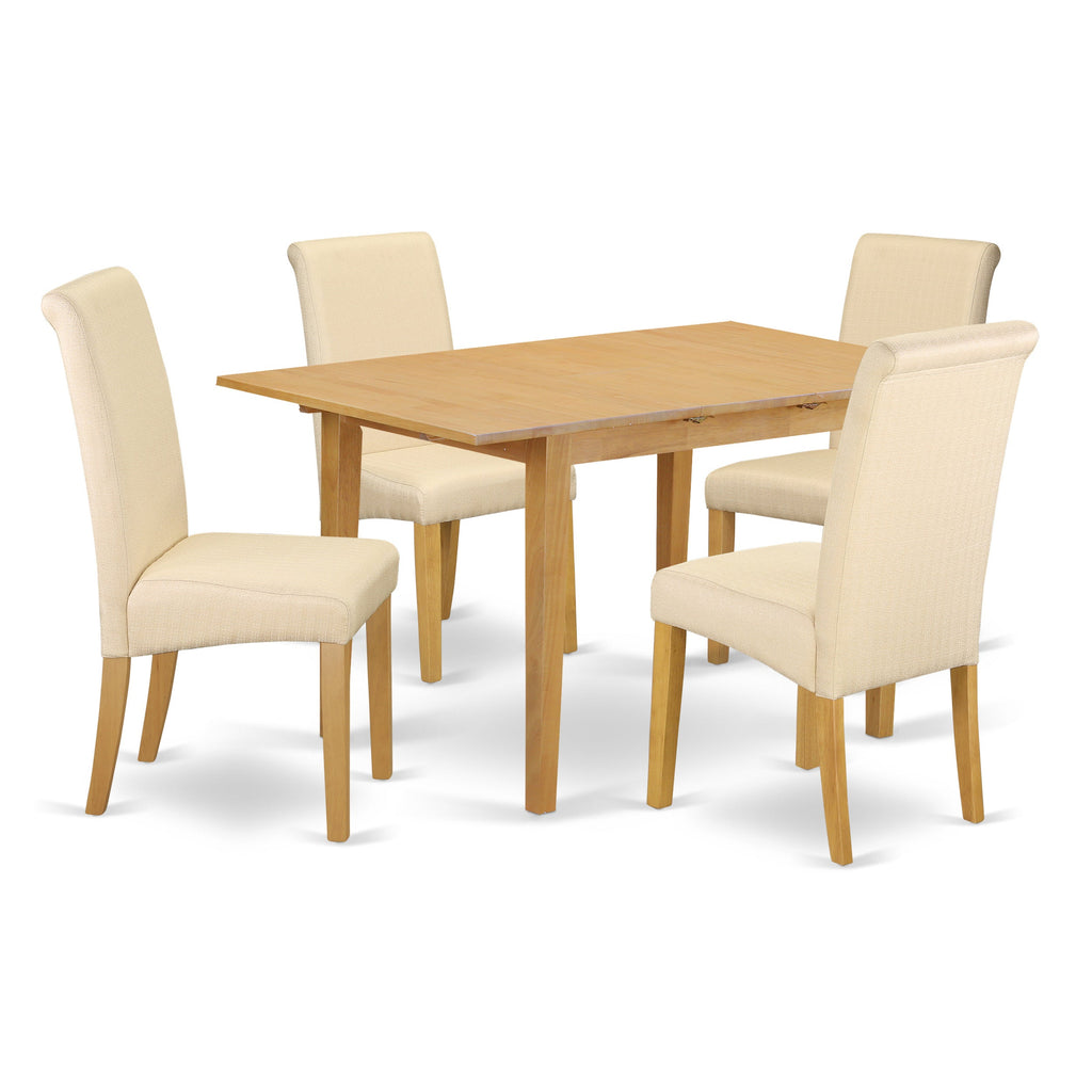 East West Furniture NOBA5-OAK-02 5 Piece Modern Dining Table Set Includes a Rectangle Wooden Table with Butterfly Leaf and 4 Light Beige Linen Fabric Parsons Chairs, 32x54 Inch, Oak